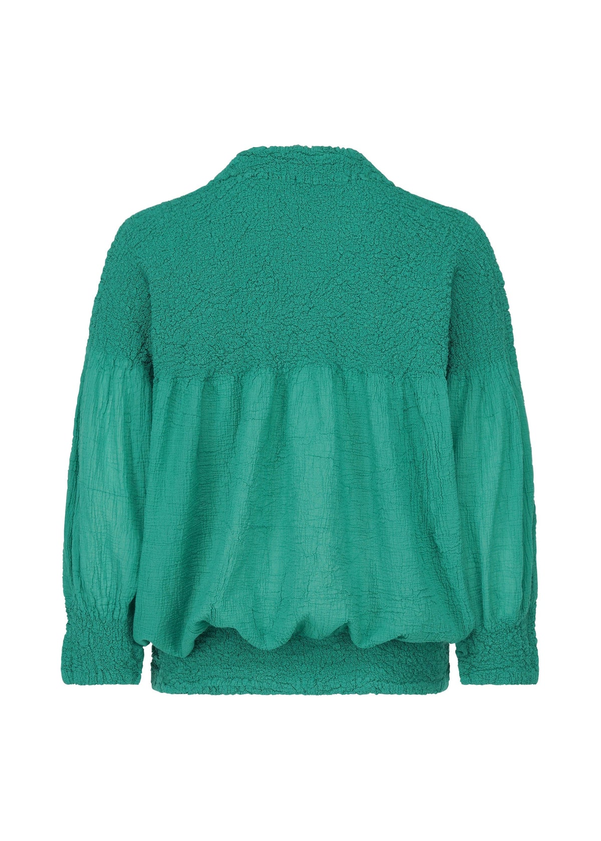 The BALLOON CAULIFLOWER long-sleeved top by me ISSEY MIYAKE features a green knit-like texture, loose fit, gathered yoke and cuffs, and a rounded hem, shown from the back against a white background. view 4 of 7