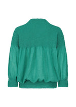 The BALLOON CAULIFLOWER long-sleeved top by me ISSEY MIYAKE features a green knit-like texture, loose fit, gathered yoke and cuffs, and a rounded hem, shown from the back against a white background.