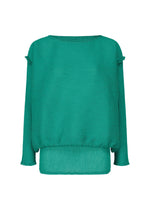 The BALLOON SEE-THROUGH CREPE by me ISSEY MIYAKE is a teal, long-sleeved blouse with a boat neckline, made from garment-dyed crepe for unique color, featuring relaxed cuffs, straight hem, and subtle texture on a white background. - PEACOCK GREEN （no.64）