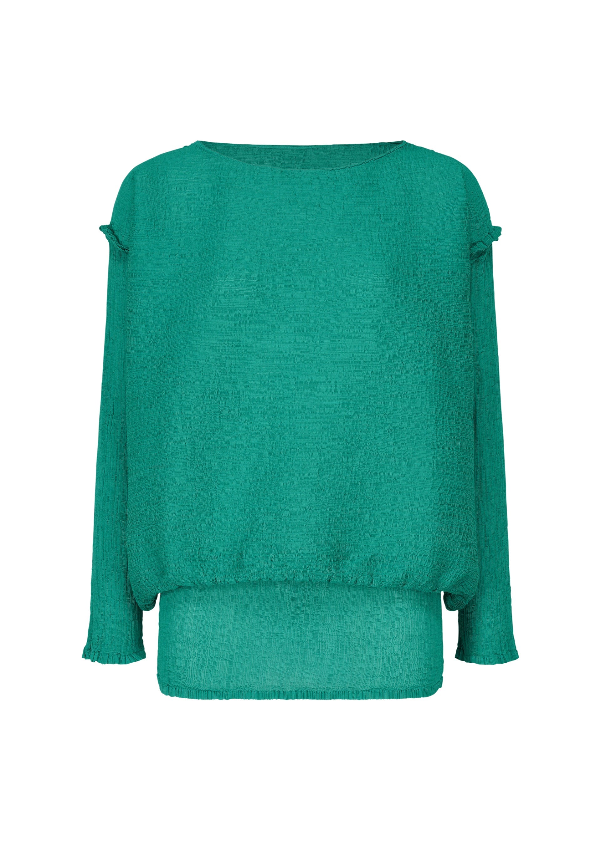 Zoomed view The BALLOON SEE-THROUGH CREPE by me ISSEY MIYAKE is a teal, long-sleeved blouse with a boat neckline, made from garment-dyed crepe for unique color, featuring relaxed cuffs, straight hem, and subtle texture on a white background. - PEACOCK GREEN （no.64）