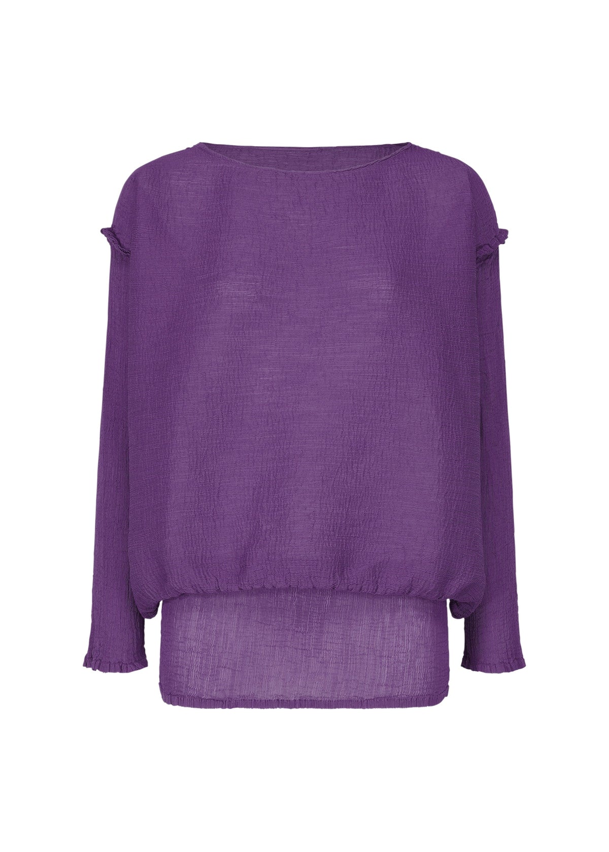 The BALLOON SEE-THROUGH CREPE blouse by me ISSEY MIYAKE is a semi-sheer, long-sleeved purple top with a round neckline, subtle shoulder and cuff ruffles, garment-dyed fabric, and a slightly longer back hem. view 3 of 7