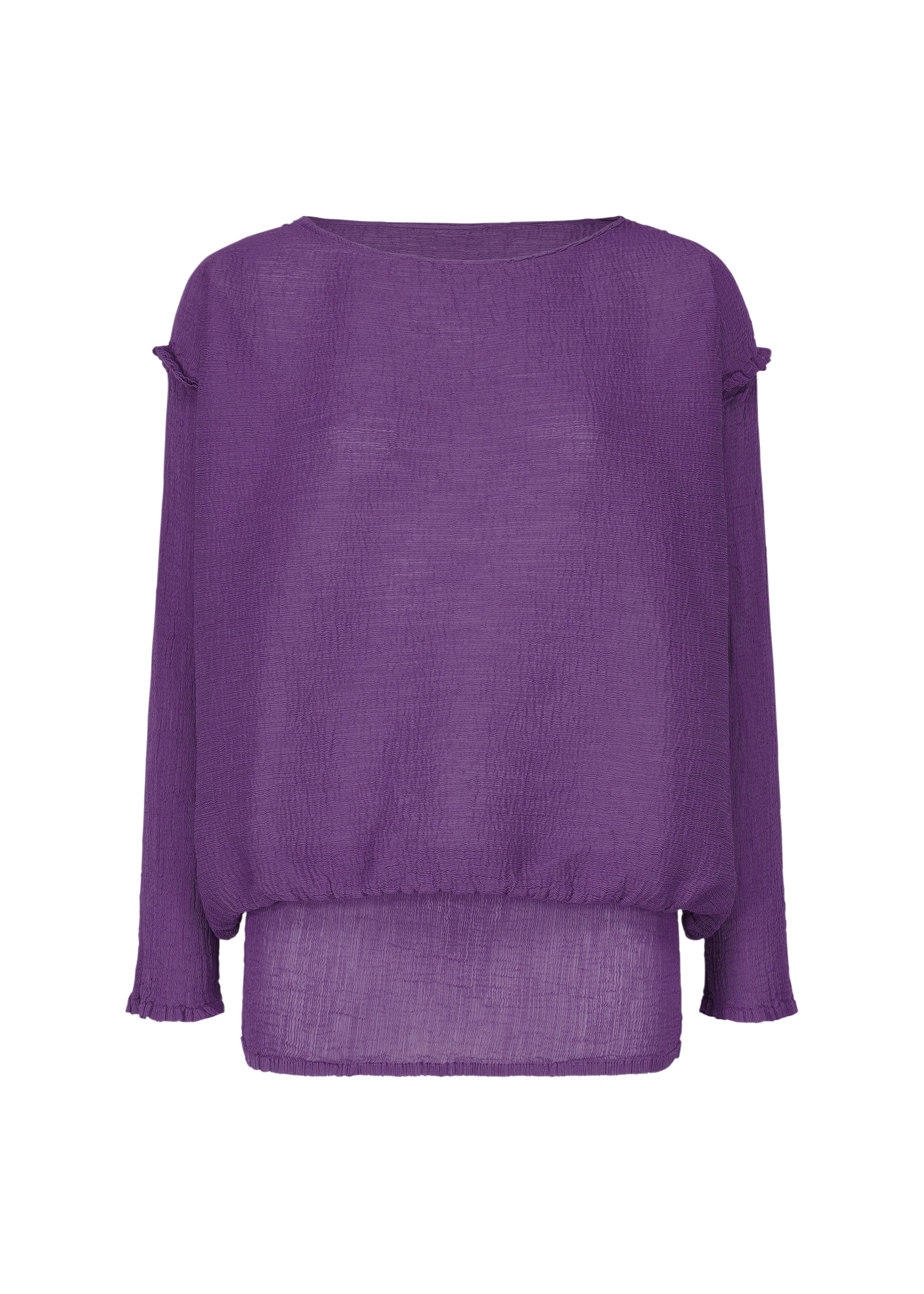 Zoomed view The BALLOON SEE-THROUGH CREPE blouse by me ISSEY MIYAKE is a semi-sheer, long-sleeved purple top with a round neckline, subtle shoulder and cuff ruffles, garment-dyed fabric, and a slightly longer back hem. - PURPLE （no.81）
