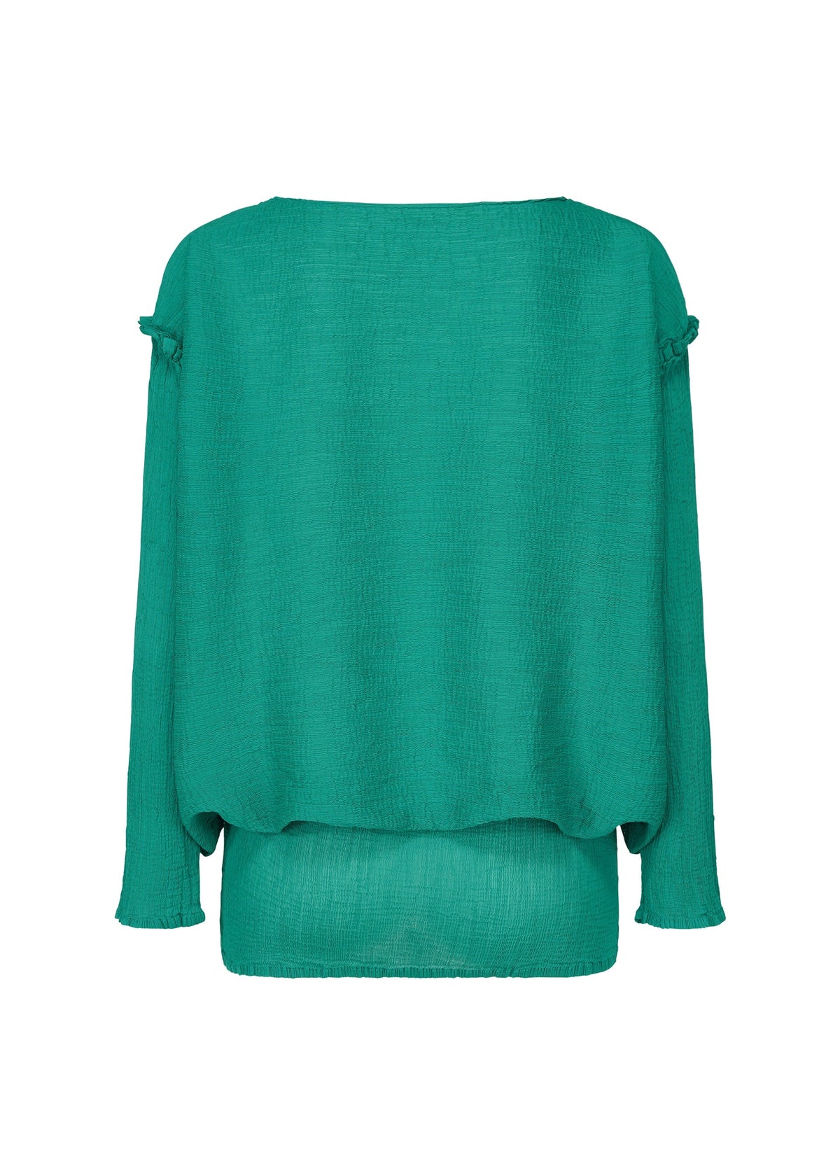 The BALLOON SEE-THROUGH CREPE blouse by me ISSEY MIYAKE features a relaxed, long-sleeved silhouette in textured green garment-dyed fabric, shown from the back with ruffle accents at the shoulders and cuffs. view 4 of 7