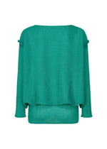 The BALLOON SEE-THROUGH CREPE blouse by me ISSEY MIYAKE features a relaxed, long-sleeved silhouette in textured green garment-dyed fabric, shown from the back with ruffle accents at the shoulders and cuffs.