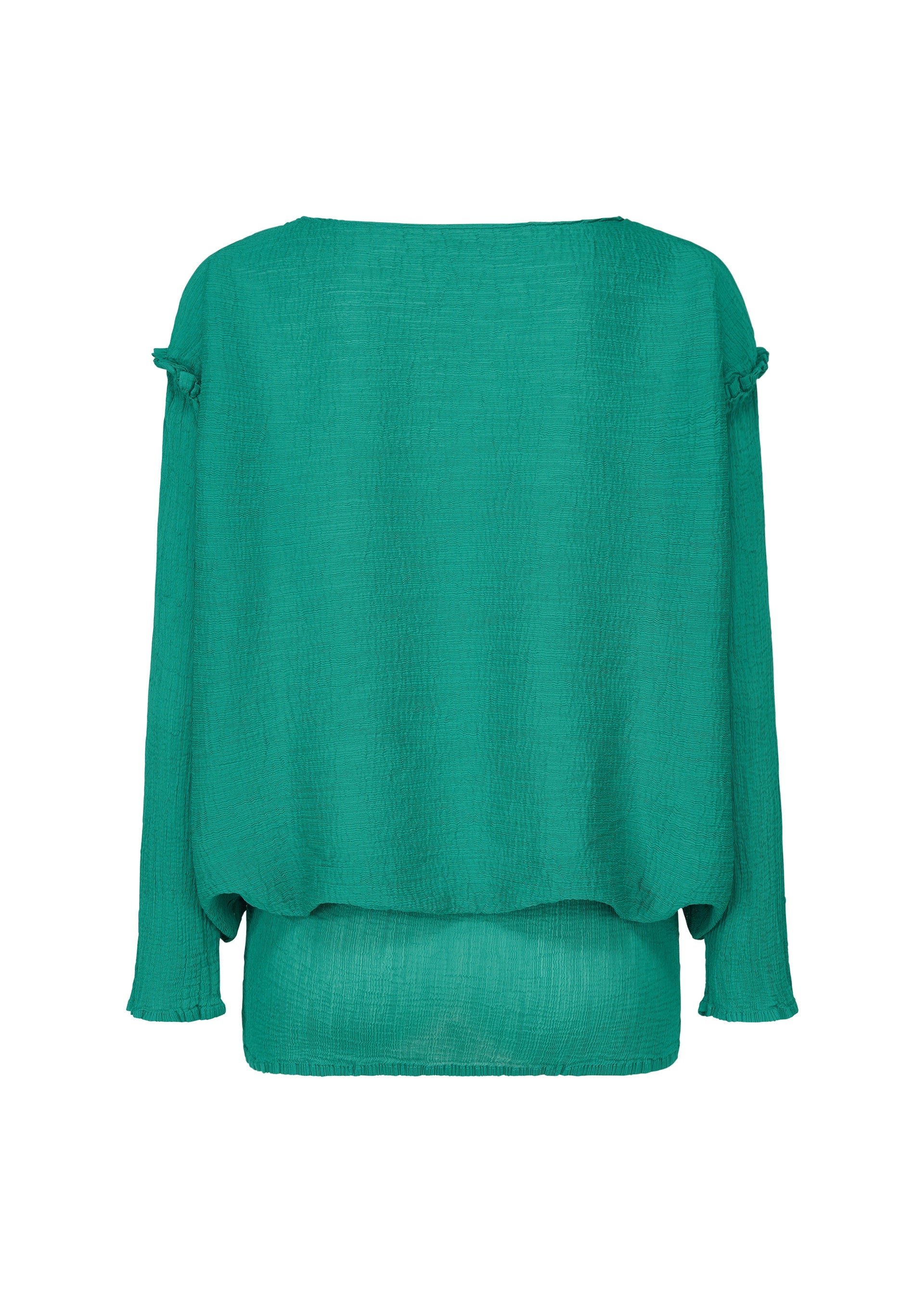 Zoomed view The BALLOON SEE-THROUGH CREPE blouse by me ISSEY MIYAKE features a relaxed, long-sleeved silhouette in textured green garment-dyed fabric, shown from the back with ruffle accents at the shoulders and cuffs.