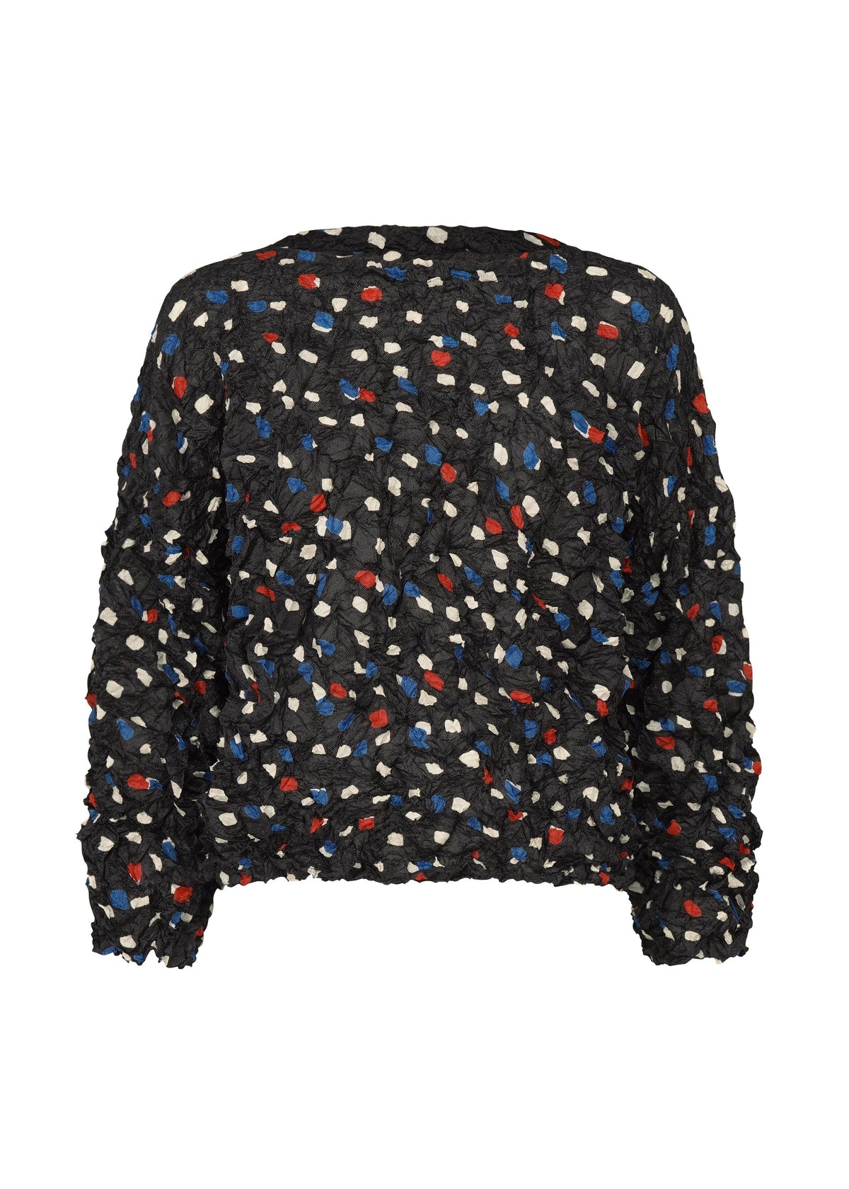 The TIME DOTS VELOUR MERINGUE by me ISSEY MIYAKE is a black long-sleeved top with crinkled fabric, featuring an abstract red, blue, and white dotted pattern on its textured surface. view 2 of 7