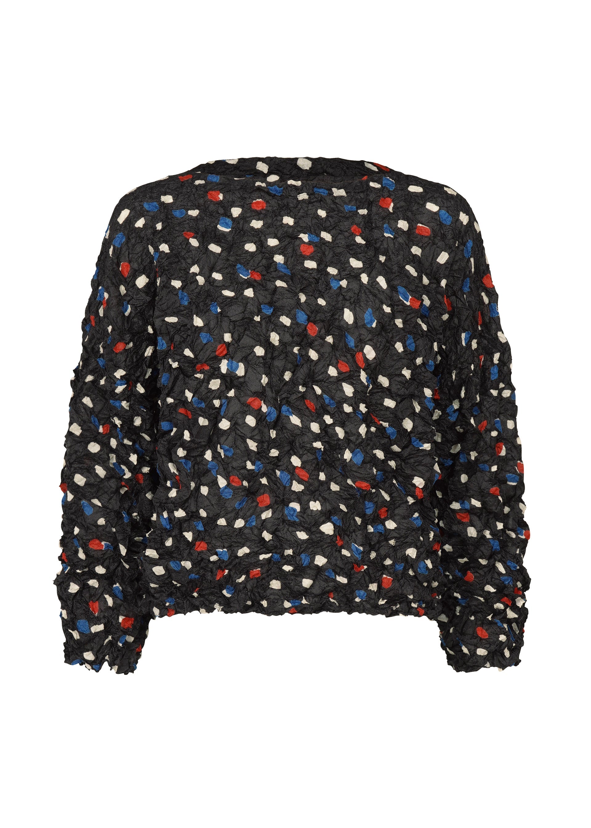 Zoomed view The TIME DOTS VELOUR MERINGUE by me ISSEY MIYAKE is a black long-sleeved top with crinkled fabric, featuring an abstract red, blue, and white dotted pattern on its textured surface. - BLACK-HUED （no.19）
