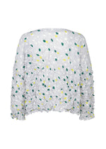 The TIME DOTS VELOUR MERINGUE by me ISSEY MIYAKE is a light gray, long-sleeved top seen from the back, featuring a raised green and yellow floral pattern on lightweight, slightly sheer fabric that adds texture beyond its dotted design.