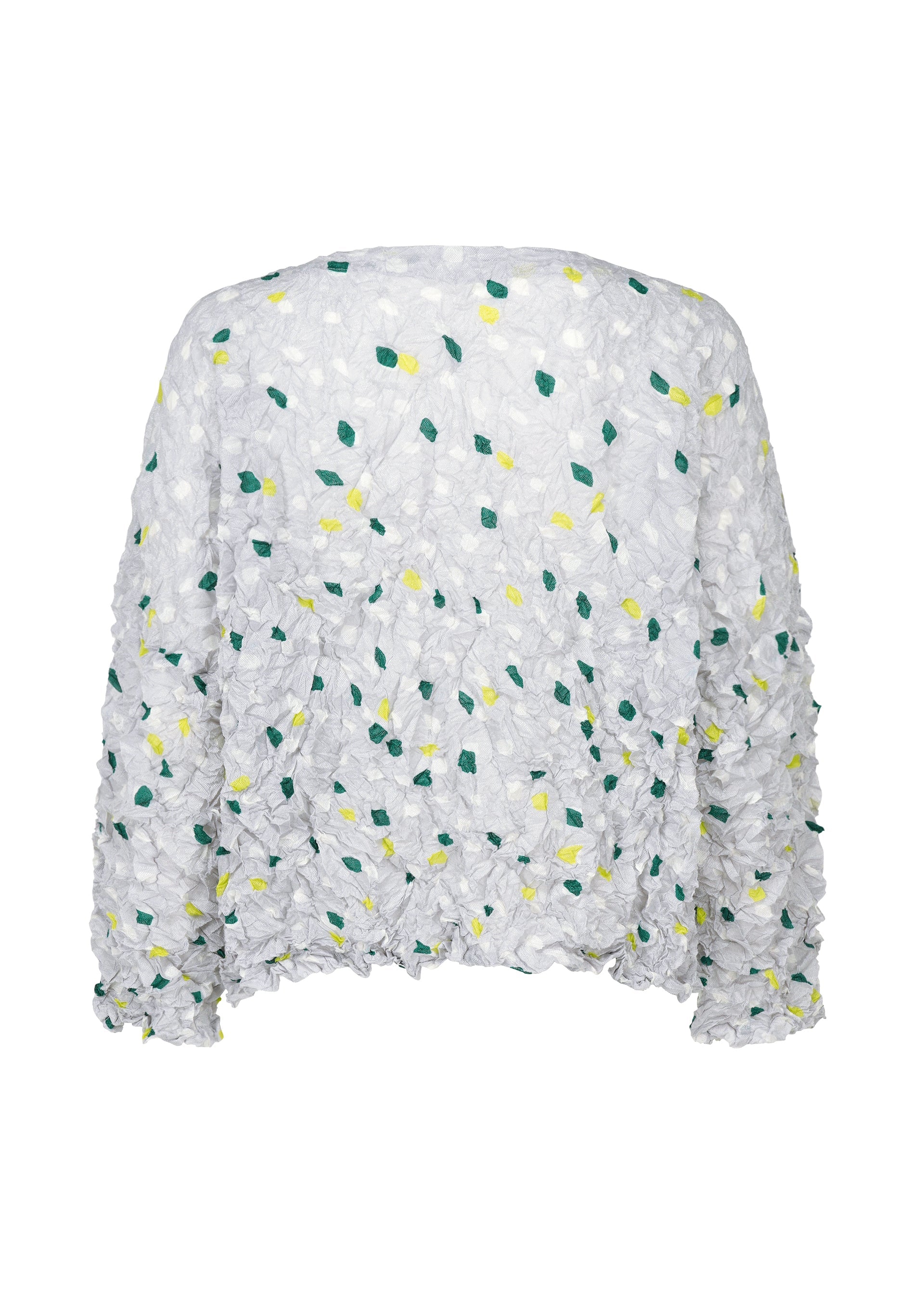 Zoomed view The TIME DOTS VELOUR MERINGUE by me ISSEY MIYAKE is a light gray, long-sleeved top seen from the back, featuring a raised green and yellow floral pattern on lightweight, slightly sheer fabric that adds texture beyond its dotted design.