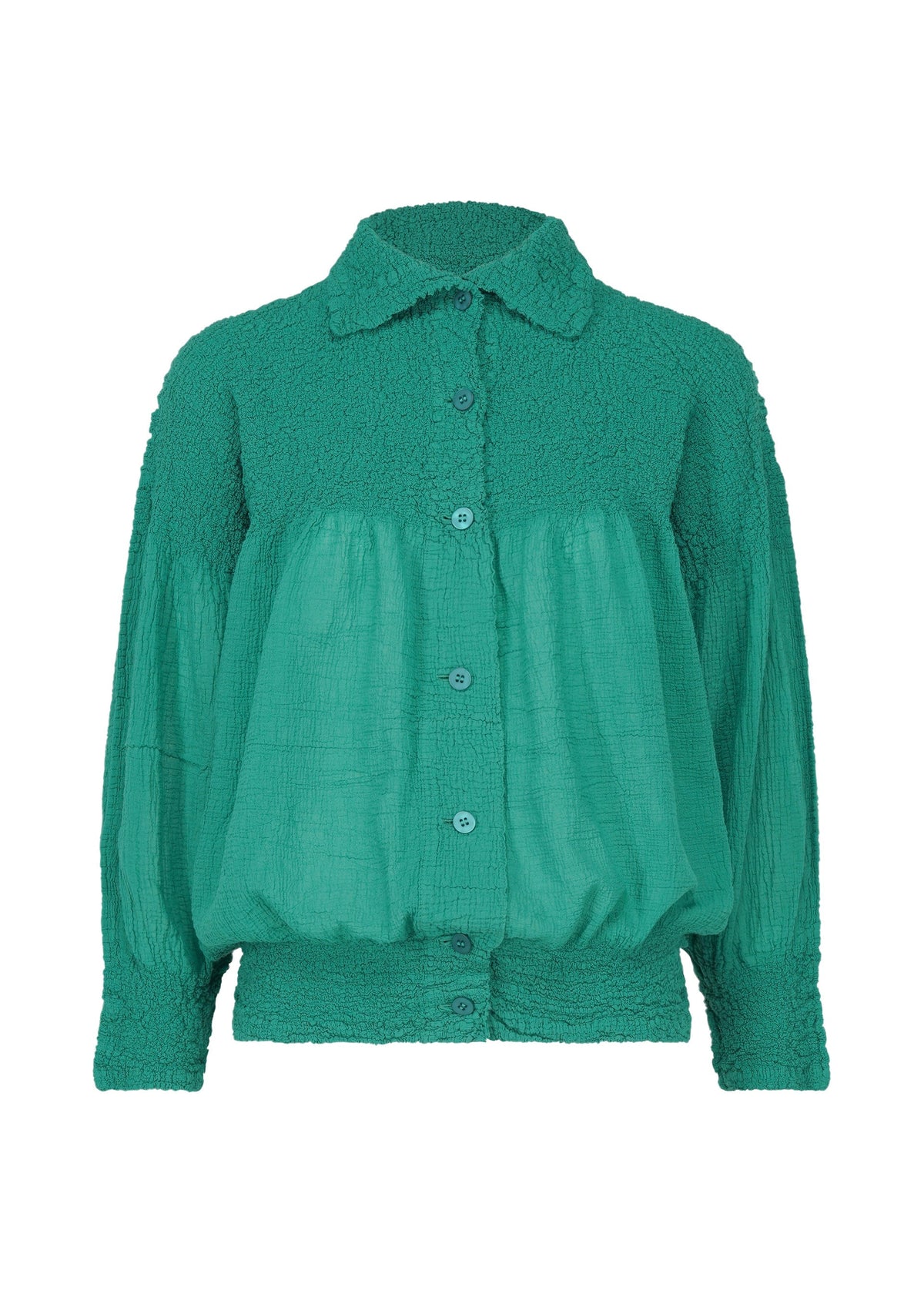 The BALLOON CAULIFLOWER by me ISSEY MIYAKE is a green, long-sleeved cotton cardigan blouse featuring a button-up front, textured fabric on the collar, shoulders and sleeves, and smooth gathered panels on the front and back. view 2 of 7