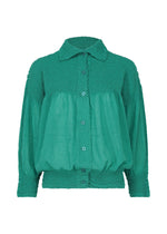 The BALLOON CAULIFLOWER by me ISSEY MIYAKE is a green, long-sleeved cotton cardigan blouse featuring a button-up front, textured fabric on the collar, shoulders and sleeves, and smooth gathered panels on the front and back. - PEACOCK GREEN （no.64）