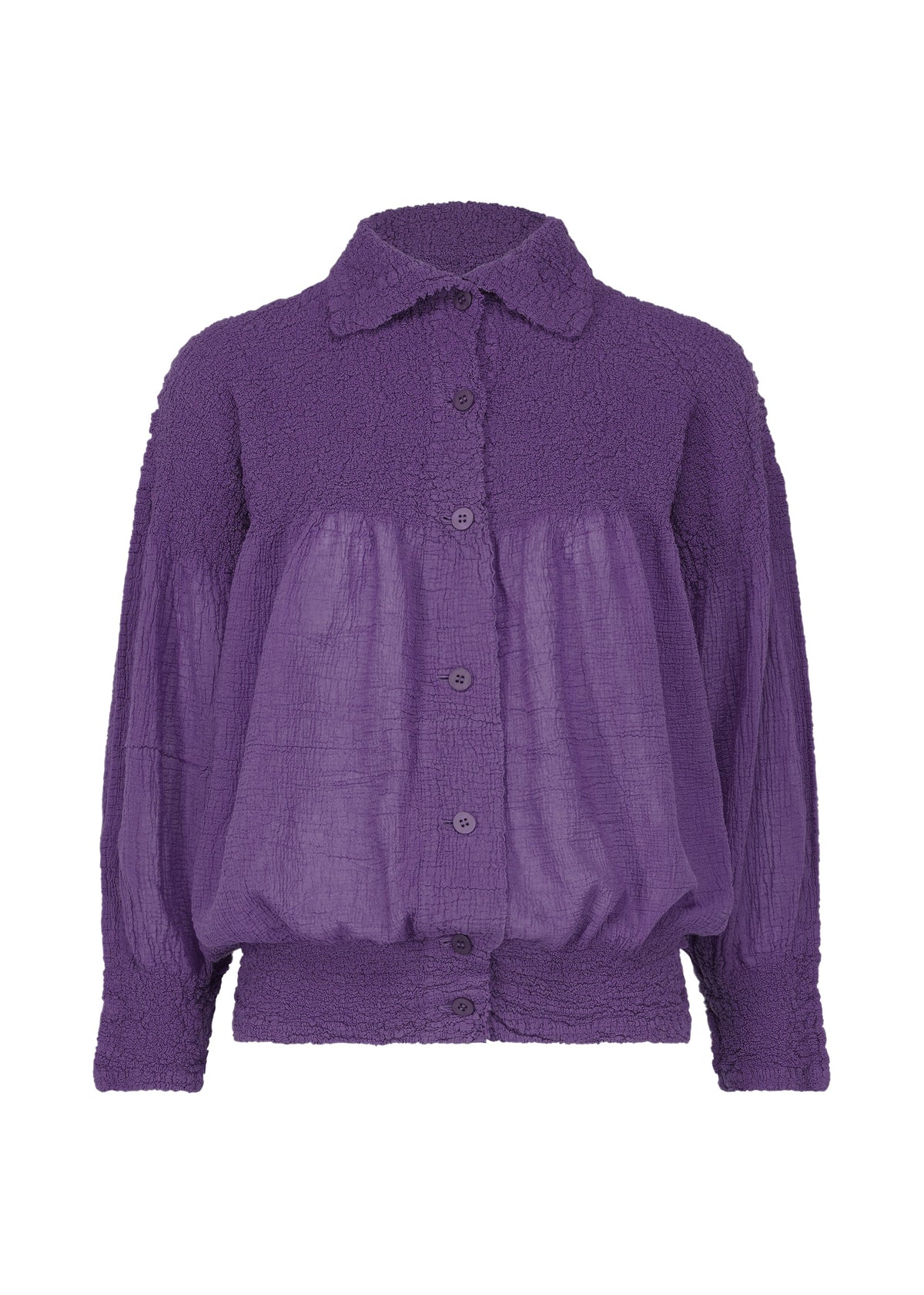 The BALLOON CAULIFLOWER by me ISSEY MIYAKE is a textured purple, long-sleeve button-up shirt with a collar, loose fit, and gathered chest and cuff details—ideal for layering under a cotton cardigan. view 3 of 7