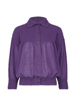 The BALLOON CAULIFLOWER by me ISSEY MIYAKE is a textured purple, long-sleeve button-up shirt with a collar, loose fit, and gathered chest and cuff details—ideal for layering under a cotton cardigan. - PURPLE （no.81）