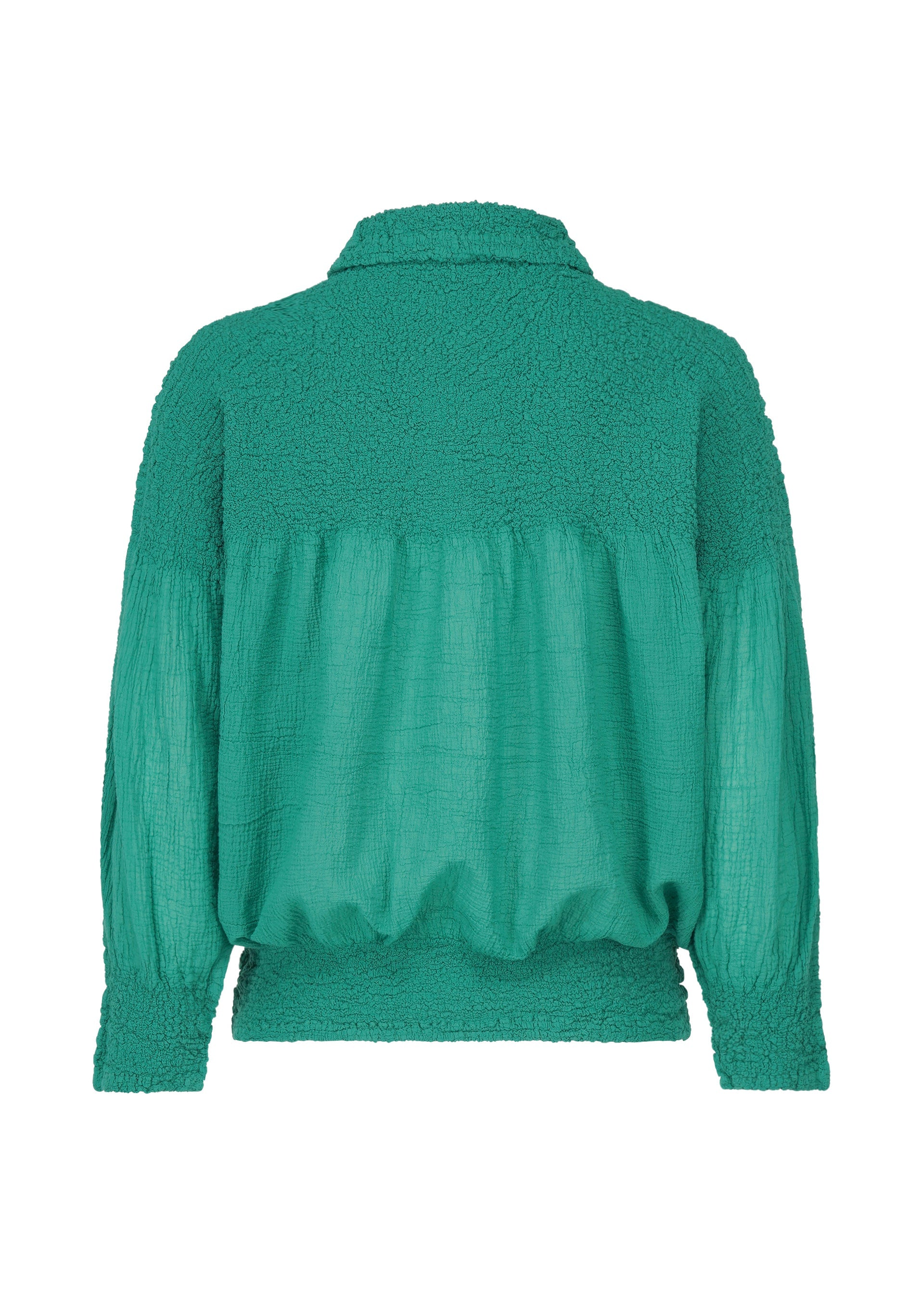 Zoomed view The BALLOON CAULIFLOWER blouse by me ISSEY MIYAKE is a green, textured long-sleeve top with a collar, gathered hem, and contrasting smooth and crinkled fabrics shown from the back.