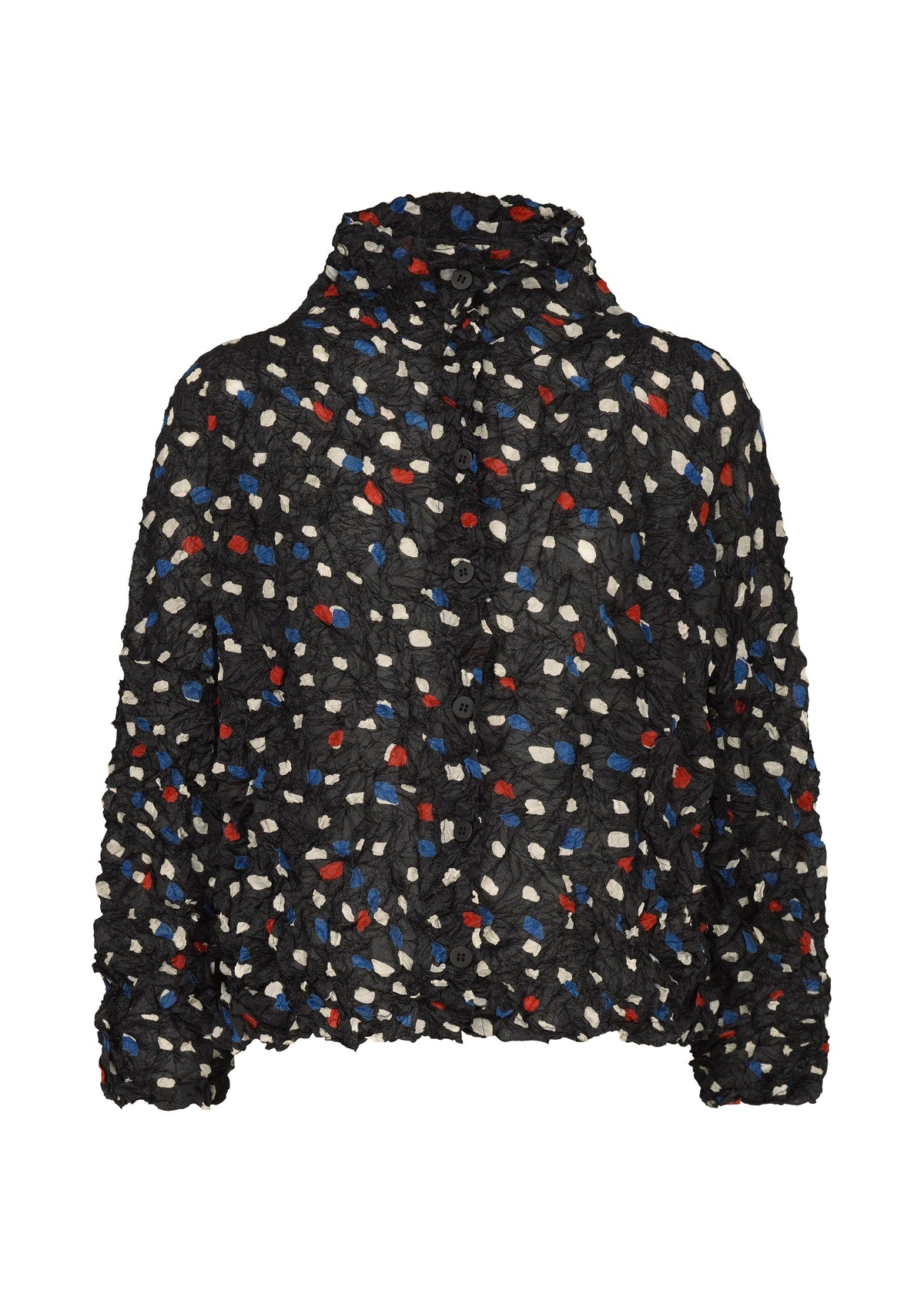 The TIME DOTS VELOUR MERINGUE by me ISSEY MIYAKE is a black, long-sleeved textured velour cardigan with a high collar and an abstract dotted pattern featuring small red, white, and blue shapes. view 2 of 8