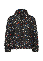 The TIME DOTS VELOUR MERINGUE by me ISSEY MIYAKE is a black, long-sleeved textured velour cardigan with a high collar and an abstract dotted pattern featuring small red, white, and blue shapes. - BLACK-HUED （no.19）