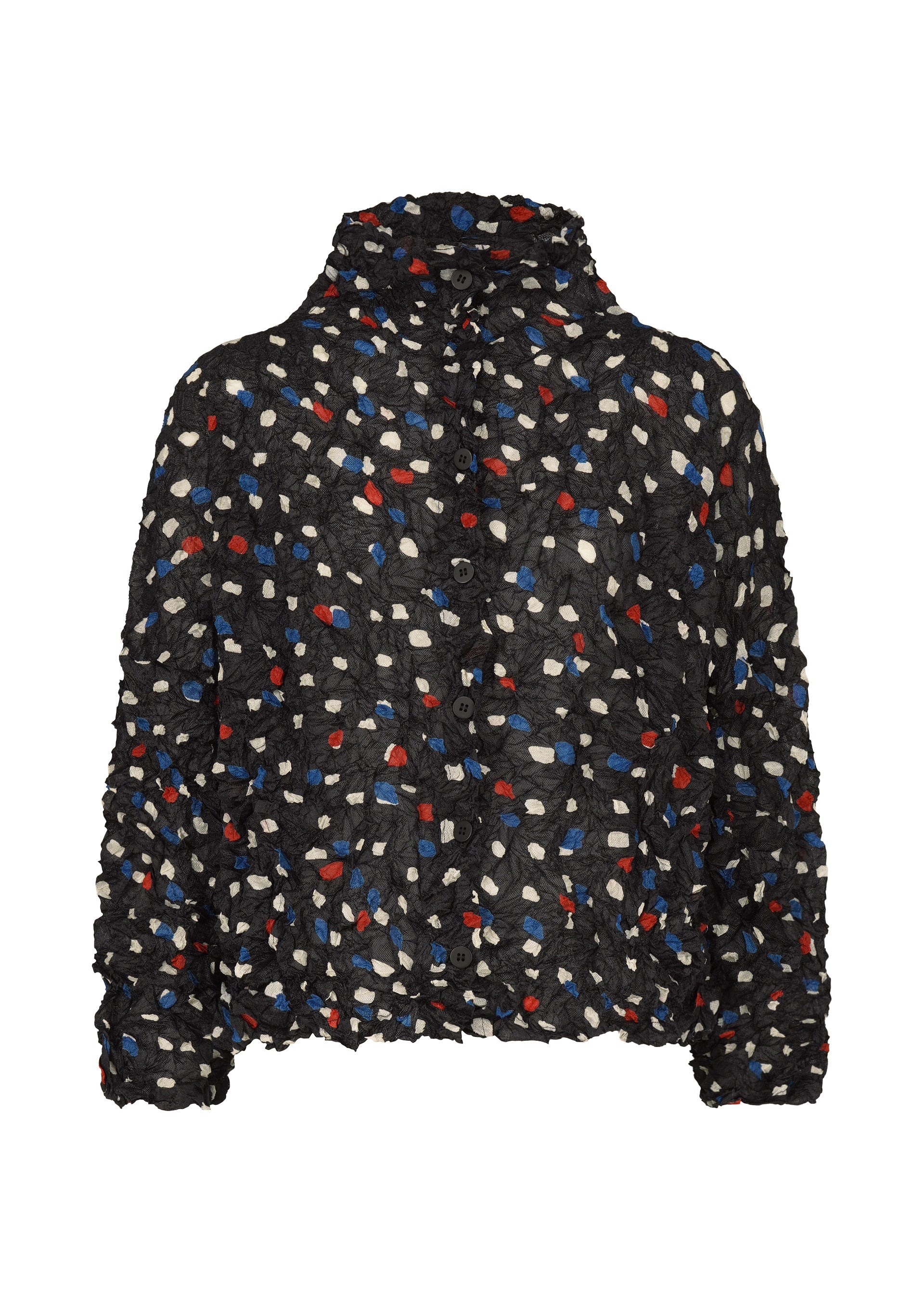 Zoomed view The TIME DOTS VELOUR MERINGUE by me ISSEY MIYAKE is a black, long-sleeved textured velour cardigan with a high collar and an abstract dotted pattern featuring small red, white, and blue shapes. - BLACK-HUED （no.19）