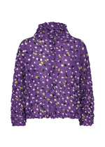 The TIME DOTS VELOUR MERINGUE by me ISSEY MIYAKE is a long-sleeved, button-up cardigan in purple velour with a crinkled texture and dotted pattern of green, white, and black square spots. - PURPLE-HUED （no.88）