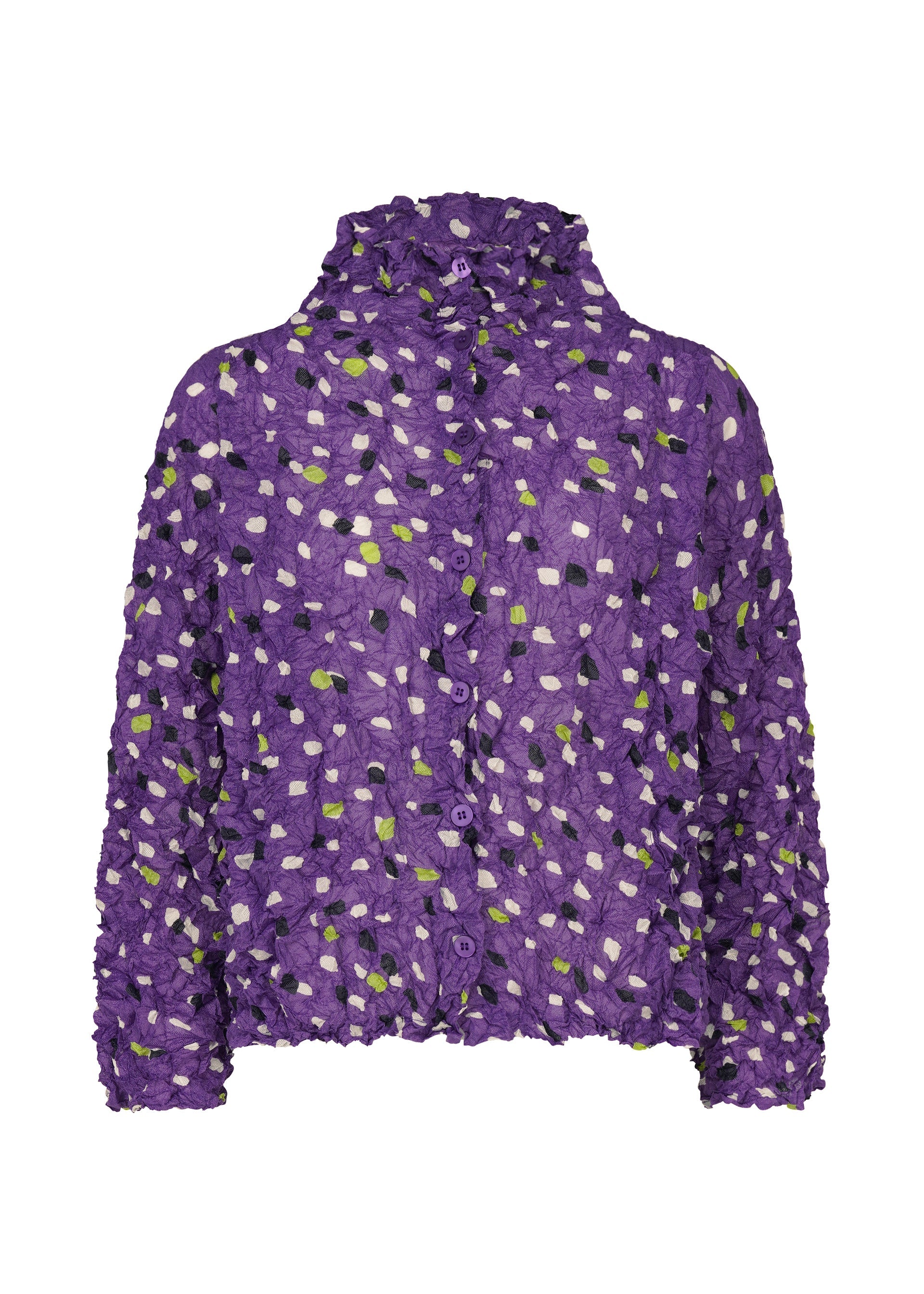 Zoomed view The TIME DOTS VELOUR MERINGUE by me ISSEY MIYAKE is a long-sleeved, button-up cardigan in purple velour with a crinkled texture and dotted pattern of green, white, and black square spots. - PURPLE-HUED （no.88）