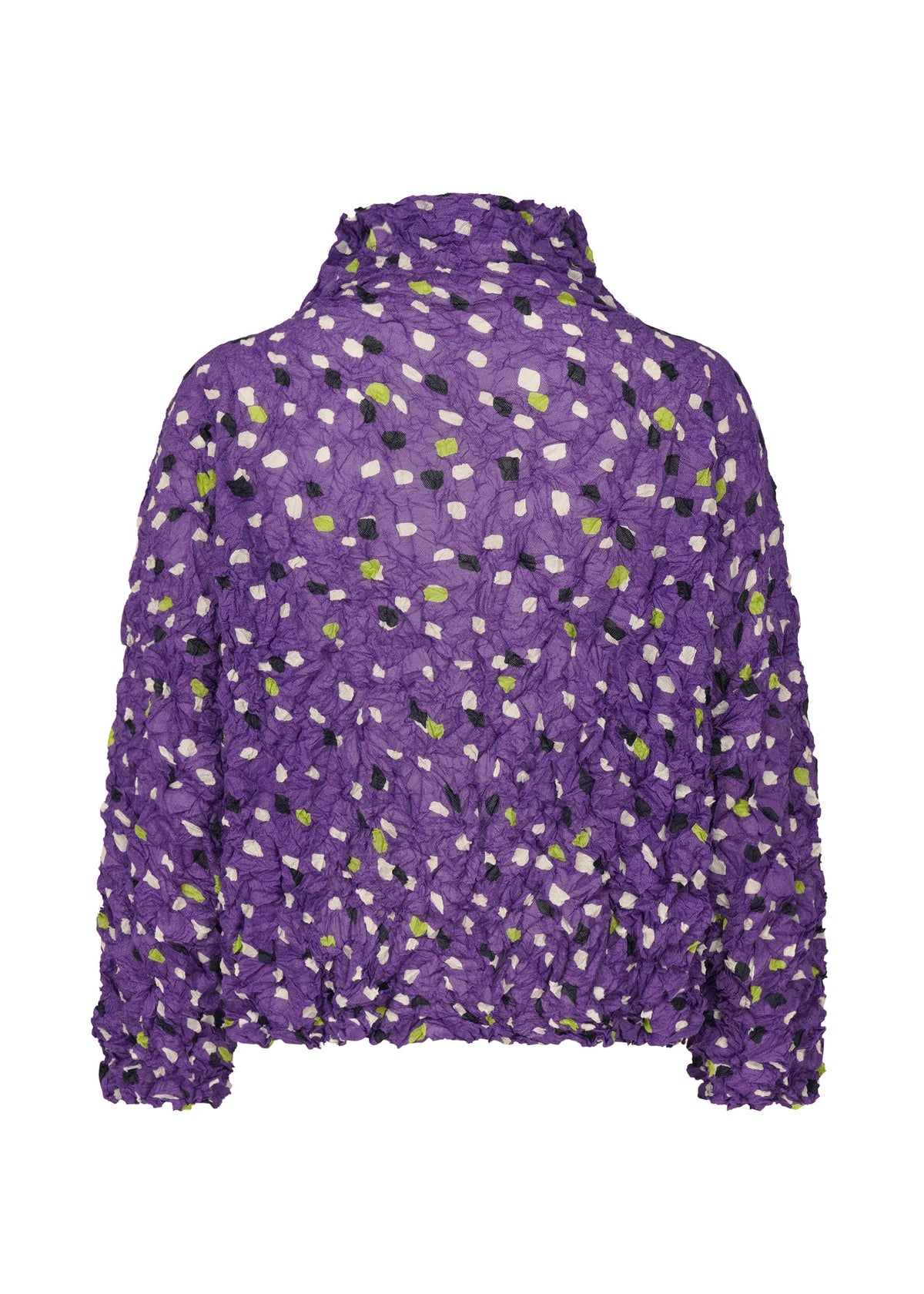 The TIME DOTS VELOUR MERINGUE by me ISSEY MIYAKE is a purple velour cardigan with long sleeves, a high neckline, and abstract white, yellow, and dark green patterns scattered on a white background. view 4 of 8