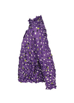 The TIME DOTS VELOUR MERINGUE blouse by me ISSEY MIYAKE features long sleeves, a textured purple fabric, and a dotted pattern of small green and white shapes, shown in a side view against a white background.