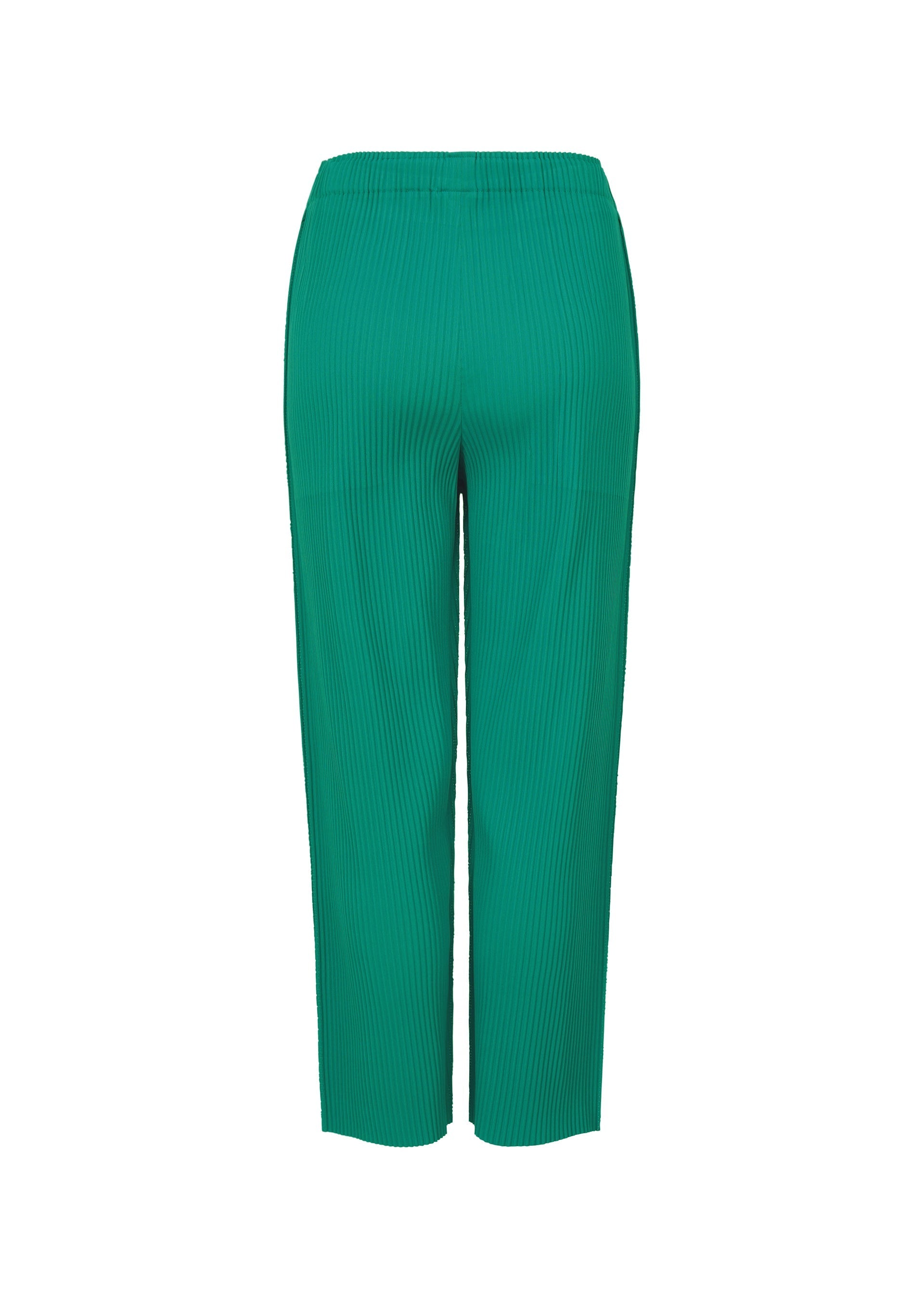 Zoomed view The SWING PLEATS pants by me ISSEY MIYAKE are green, ankle-length, pleated knit pants with an elastic waistband, made from stretchy soft yarn. They feature a straight-leg cut and are shown against a white background.