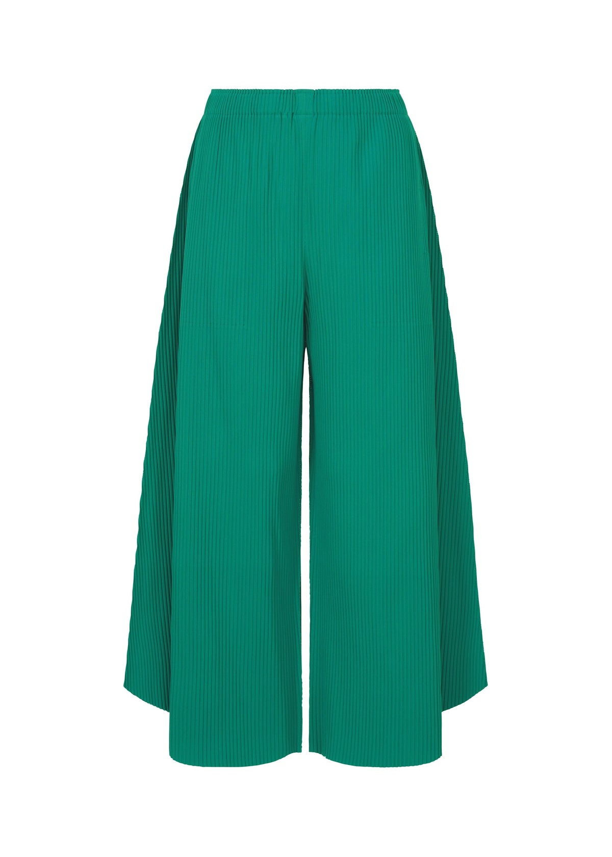 The SWING PLEATS pants by me ISSEY MIYAKE are high-waisted green knit pants with fine pleats and long draped side panels, shown against a white background. view 2 of 7