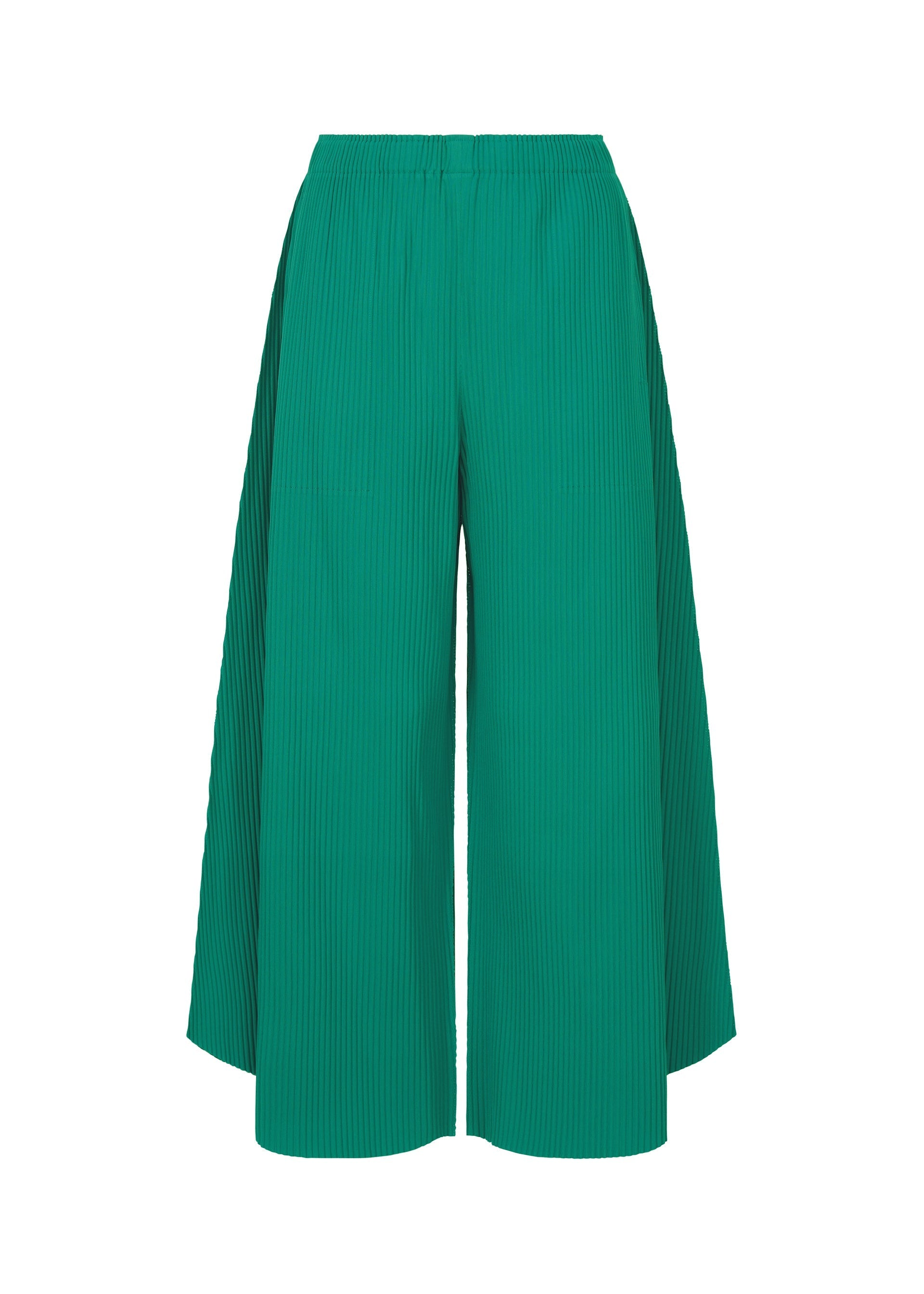 Zoomed view The SWING PLEATS pants by me ISSEY MIYAKE are high-waisted green knit pants with fine pleats and long draped side panels, shown against a white background. - PEACOCK GREEN （no.64）