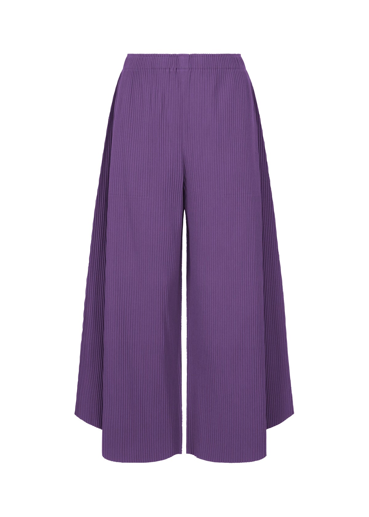 The SWING PLEATS by me ISSEY MIYAKE are wide-leg, high-waisted purple pleated knit pants with a slight flare at the bottom, shown against a plain white background. view 3 of 7