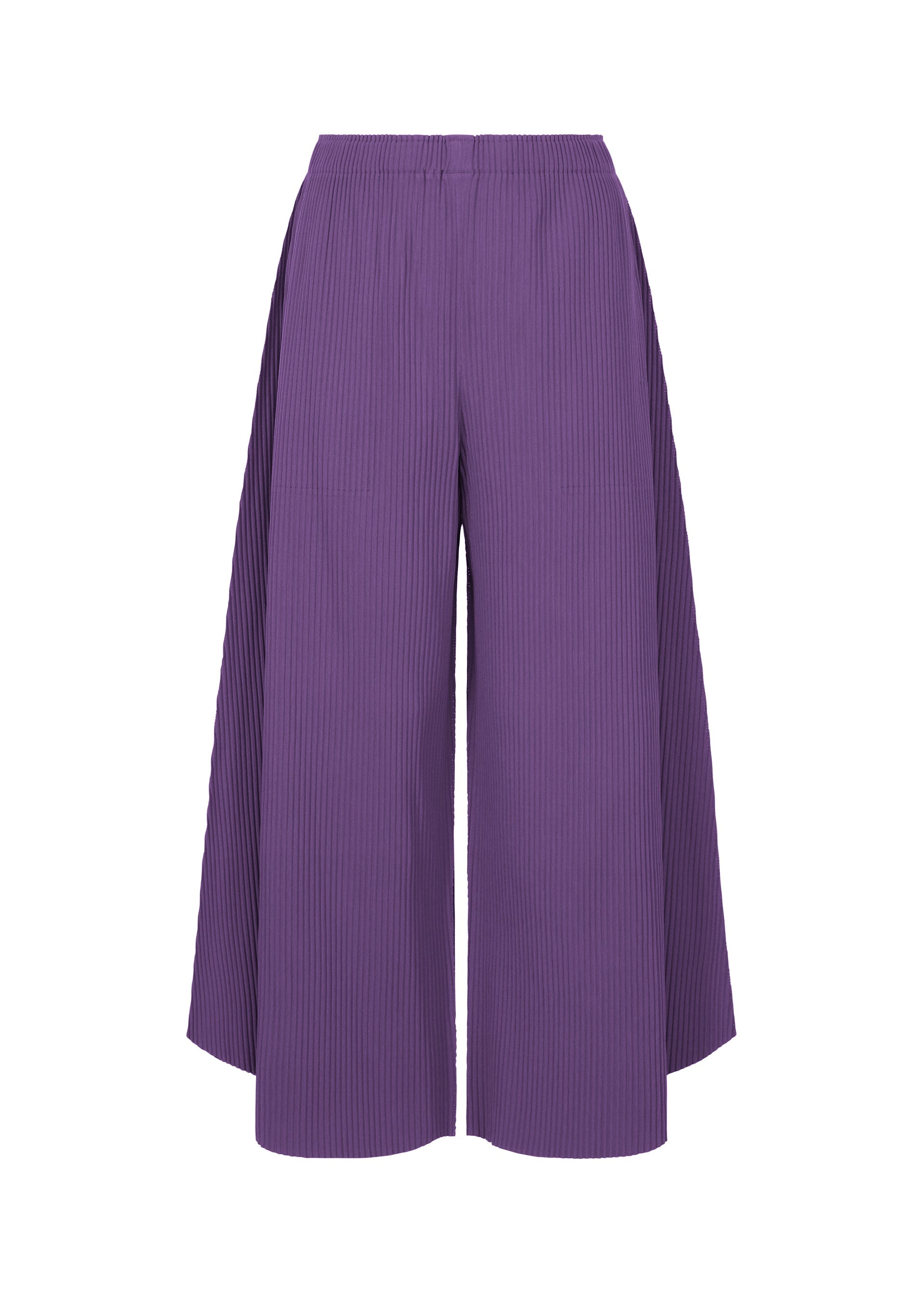 Zoomed view The SWING PLEATS by me ISSEY MIYAKE are wide-leg, high-waisted purple pleated knit pants with a slight flare at the bottom, shown against a plain white background. - PURPLE （no.81）