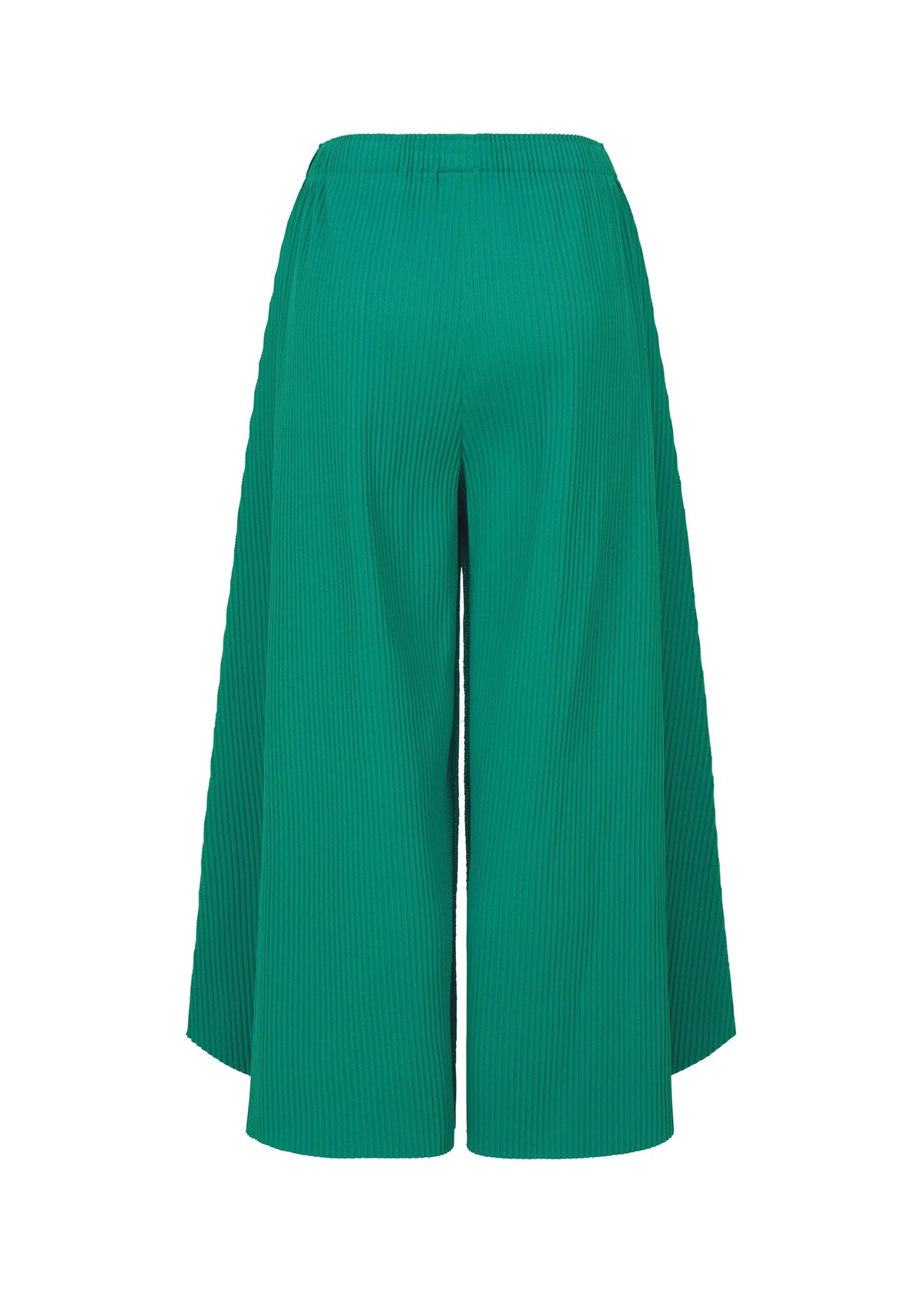 The SWING PLEATS pants by me ISSEY MIYAKE are bright green, wide-leg knit pants with fine pleats and a high elastic waistband, shown against a white background. view 4 of 7