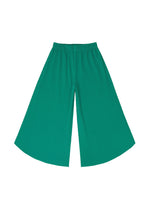 The SWING PLEATS wide-leg green knit pants by me ISSEY MIYAKE feature pleats and an elastic waistband, shown flat on a white background.