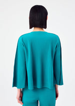 A person with straight, chin-length dark hair is seen from behind in a loose-fitting teal SWING PLEATS top with wide sleeves and matching pleated pants by me ISSEY MIYAKE, set against a plain white background.