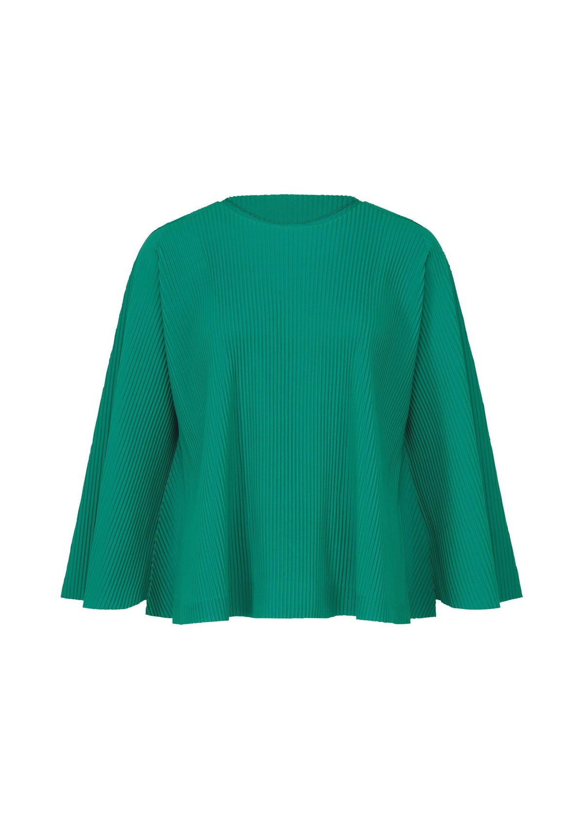 The SWING PLEATS top by me ISSEY MIYAKE is a loose-fitting, long-sleeved design in emerald green with fine knit pleats and a round neckline, shown on a plain white background. view 2 of 8