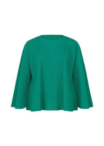 The SWING PLEATS top by me ISSEY MIYAKE is a loose-fitting, long-sleeved design in emerald green with fine knit pleats and a round neckline, shown on a plain white background. - PEACOCK GREEN （no.64）