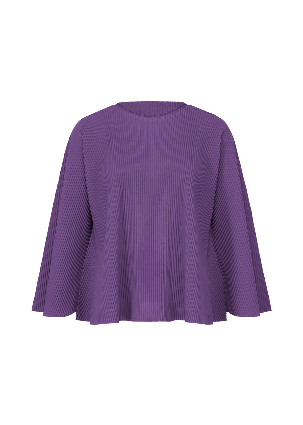 The SWING PLEATS by me ISSEY MIYAKE is a loose-fitting, long-sleeved purple top with a round neckline and fine knit pleats, made from lightweight knit fabric and shown against a white background. view 3 of 8