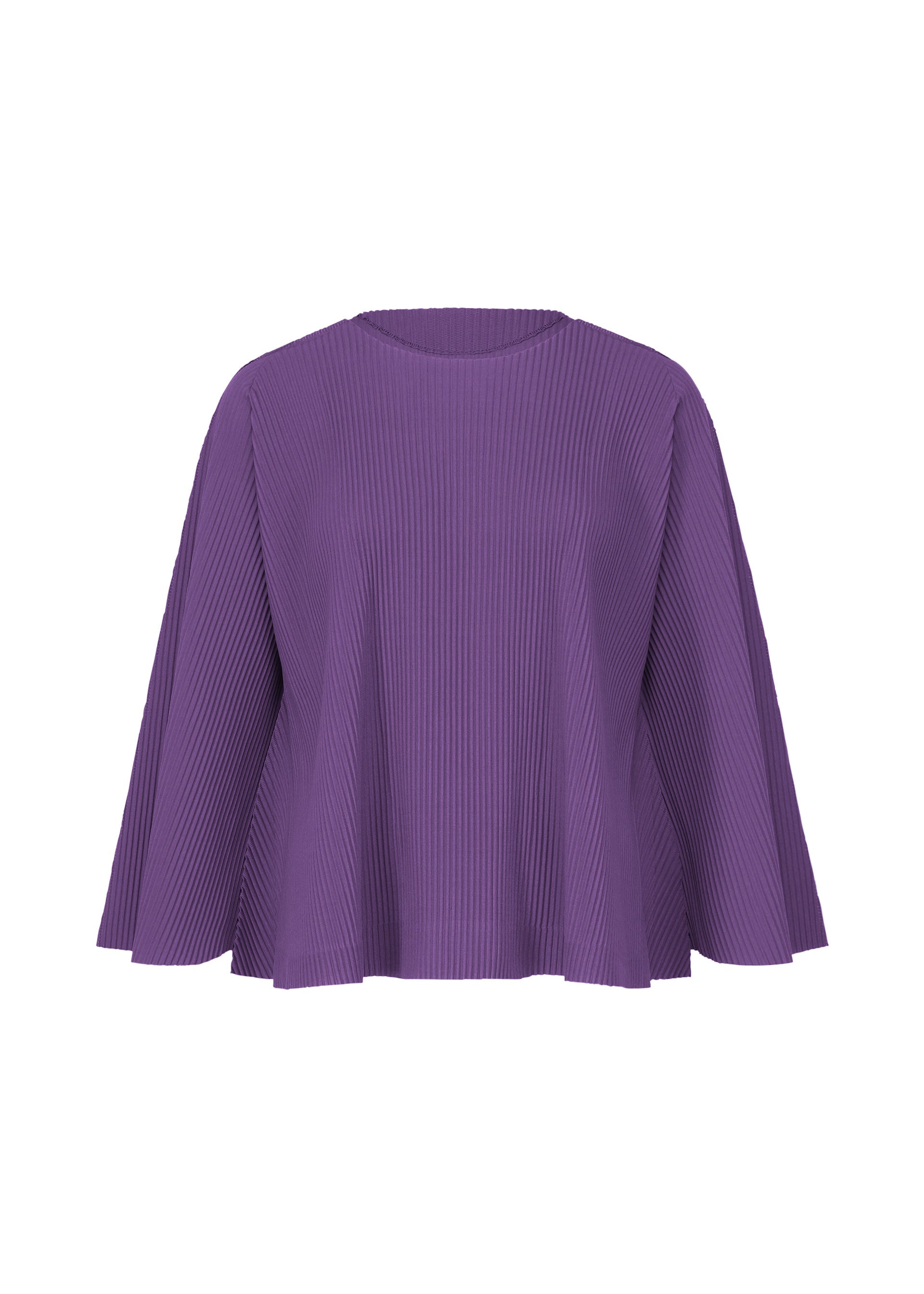 Zoomed view The SWING PLEATS by me ISSEY MIYAKE is a loose-fitting, long-sleeved purple top with a round neckline and fine knit pleats, made from lightweight knit fabric and shown against a white background. - PURPLE （no.81）