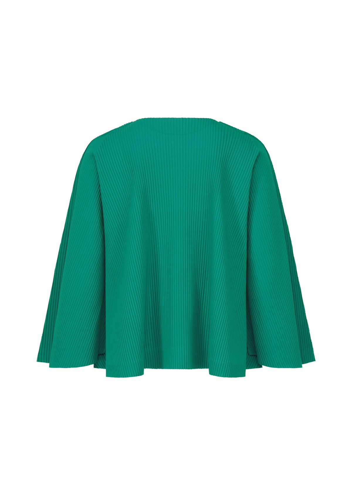 The SWING PLEATS by me ISSEY MIYAKE is a green, lightweight knit pleated cape with wide, flowing sleeves and a round neckline, shown against a plain white background. view 4 of 8