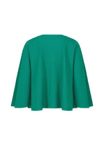The SWING PLEATS by me ISSEY MIYAKE is a green, lightweight knit pleated cape with wide, flowing sleeves and a round neckline, shown against a plain white background.