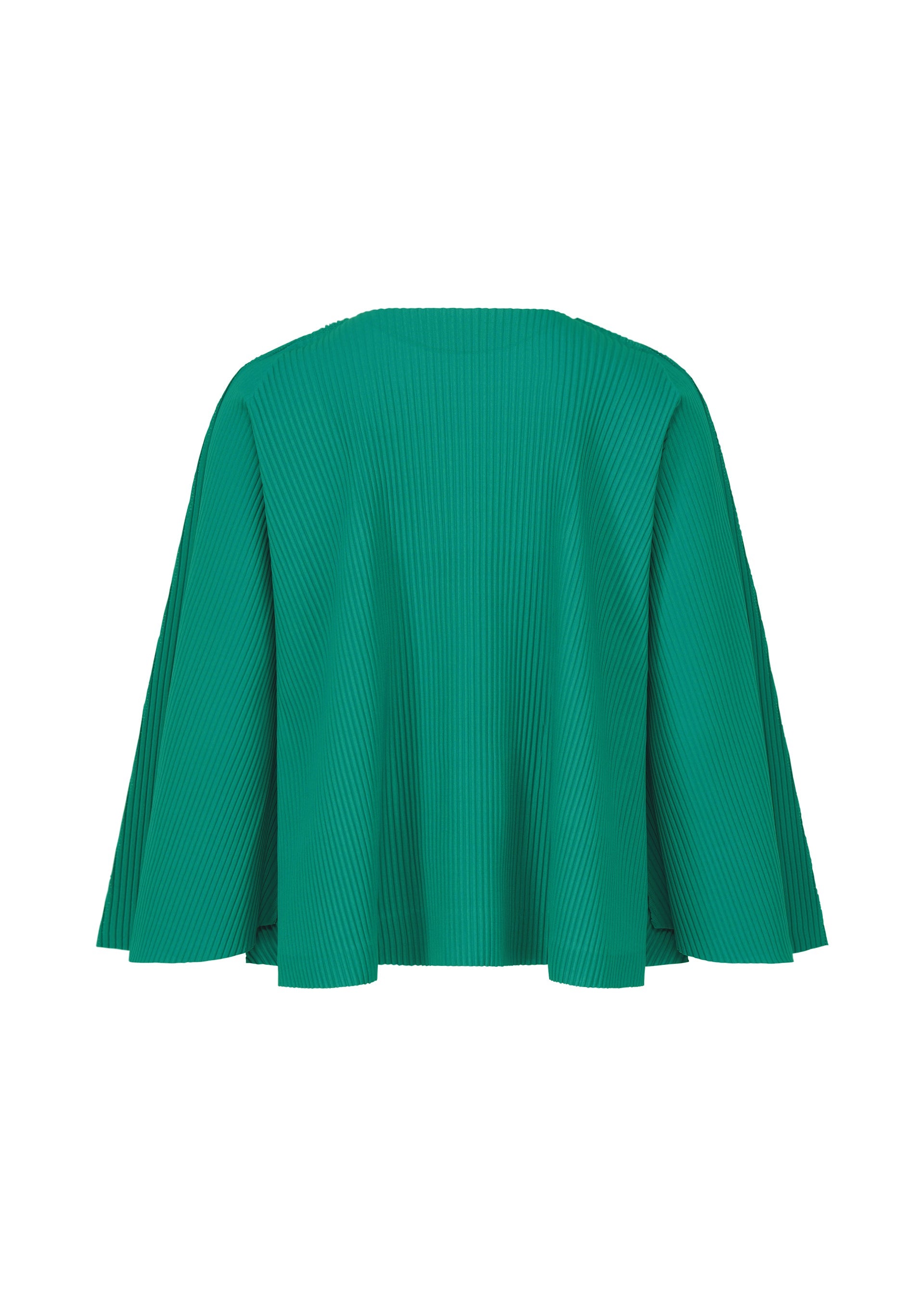 Zoomed view The SWING PLEATS by me ISSEY MIYAKE is a green, lightweight knit pleated cape with wide, flowing sleeves and a round neckline, shown against a plain white background.