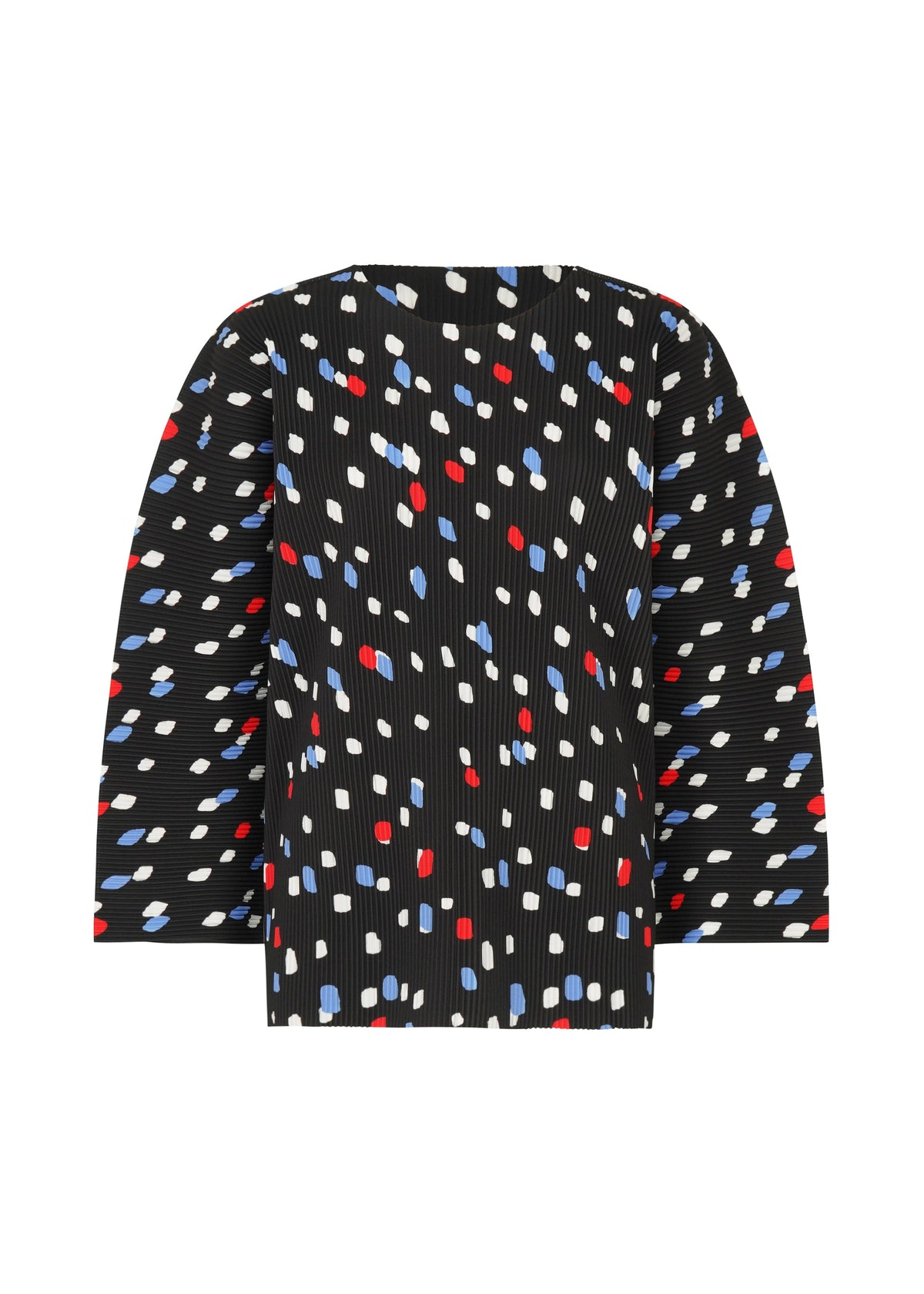 The TIME DOTS FINE KNIT PLEATS T by me ISSEY MIYAKE is a lightweight long-sleeved top with textured knit fabric, featuring an abstract pattern of small white, red, and blue shapes scattered throughout. view 2 of 8