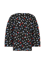 The TIME DOTS FINE KNIT PLEATS T by me ISSEY MIYAKE is a lightweight long-sleeved top with textured knit fabric, featuring an abstract pattern of small white, red, and blue shapes scattered throughout. - BLACK-HUED （no.19）