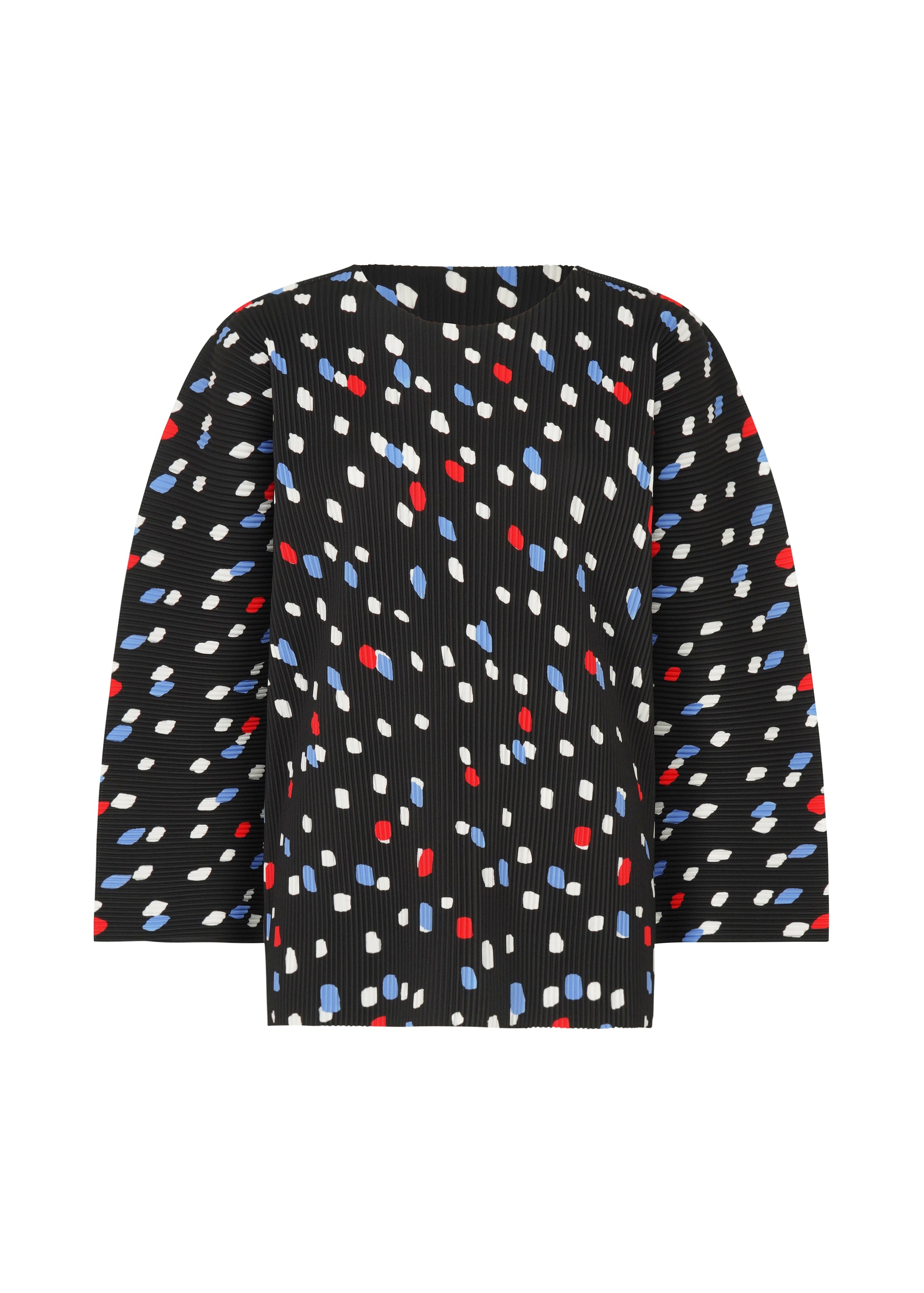 Zoomed view The TIME DOTS FINE KNIT PLEATS T by me ISSEY MIYAKE is a lightweight long-sleeved top with textured knit fabric, featuring an abstract pattern of small white, red, and blue shapes scattered throughout. - BLACK-HUED （no.19）