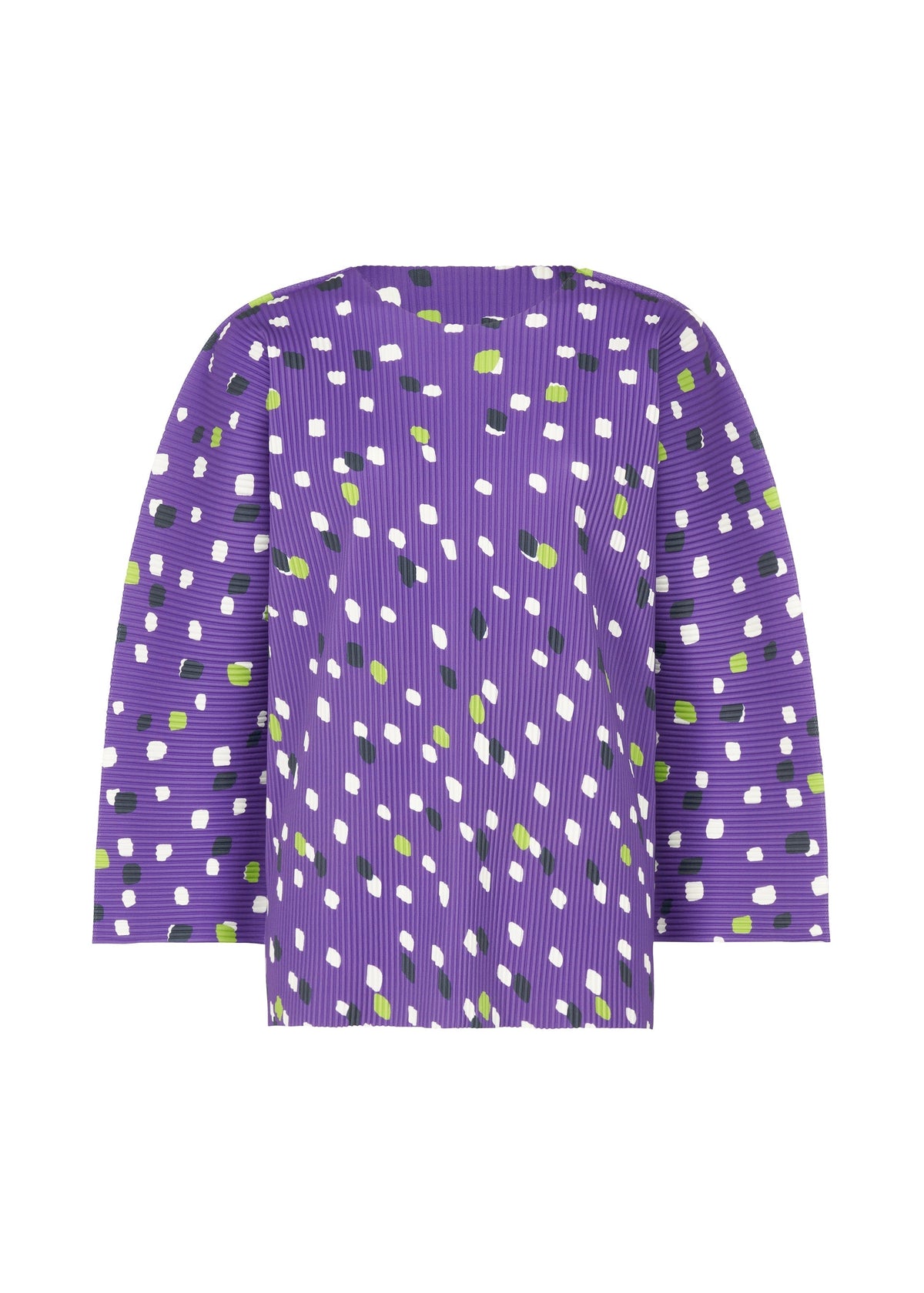 The TIME DOTS FINE KNIT PLEATS T by me ISSEY MIYAKE is a purple long-sleeved top with fine knit pleats and white and green polka dots on lightweight fabric. view 3 of 8