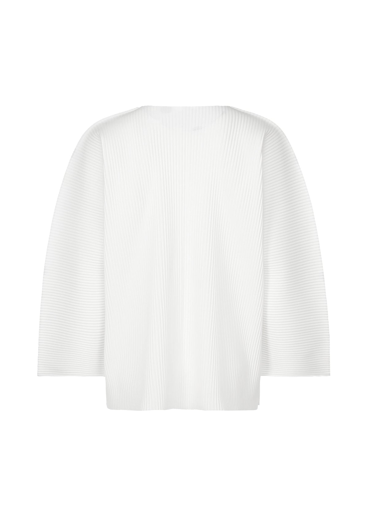 The TIME DOTS FINE KNIT PLEATS T by me ISSEY MIYAKE is a white, minimalist long-sleeve top in lightweight ribbed knit, featuring fine pleats and a loose boxy fit, shown on a plain white background. view 4 of 8