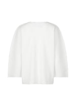 The TIME DOTS FINE KNIT PLEATS T by me ISSEY MIYAKE is a white, minimalist long-sleeve top in lightweight ribbed knit, featuring fine pleats and a loose boxy fit, shown on a plain white background.