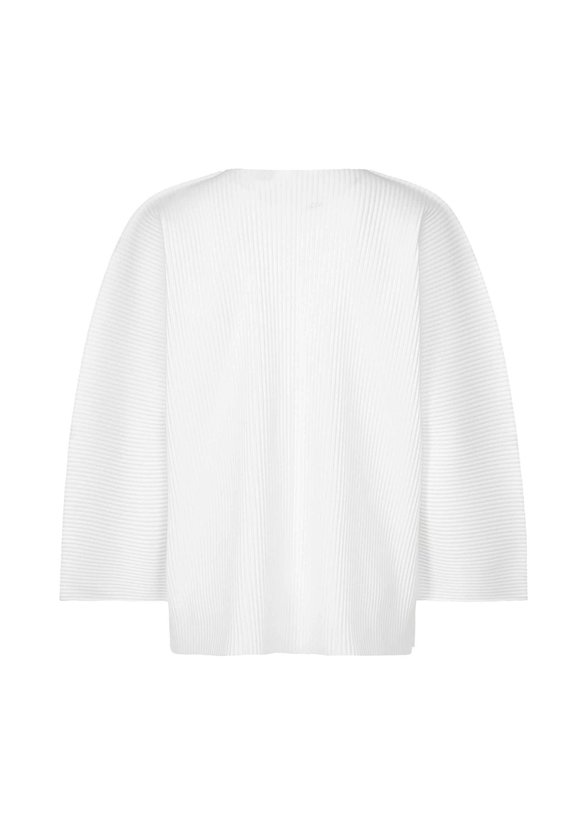 Zoomed view The TIME DOTS FINE KNIT PLEATS T by me ISSEY MIYAKE is a white, minimalist long-sleeve top in lightweight ribbed knit, featuring fine pleats and a loose boxy fit, shown on a plain white background.