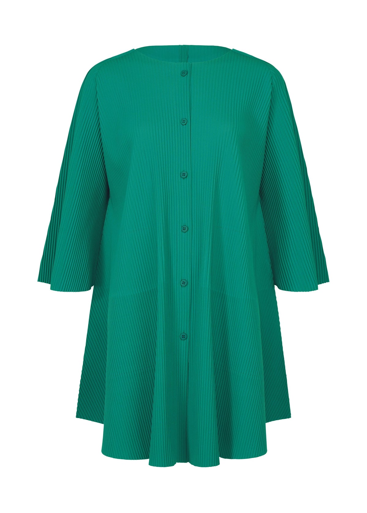 The SWING PLEATS by me ISSEY MIYAKE is a green, knee-length dress with long sleeves, a button-down front, and fine knit pleats for texture, shown against a plain white background. view 2 of 9