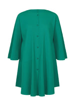 The SWING PLEATS by me ISSEY MIYAKE is a green, knee-length dress with long sleeves, a button-down front, and fine knit pleats for texture, shown against a plain white background. - PEACOCK GREEN （no.64）