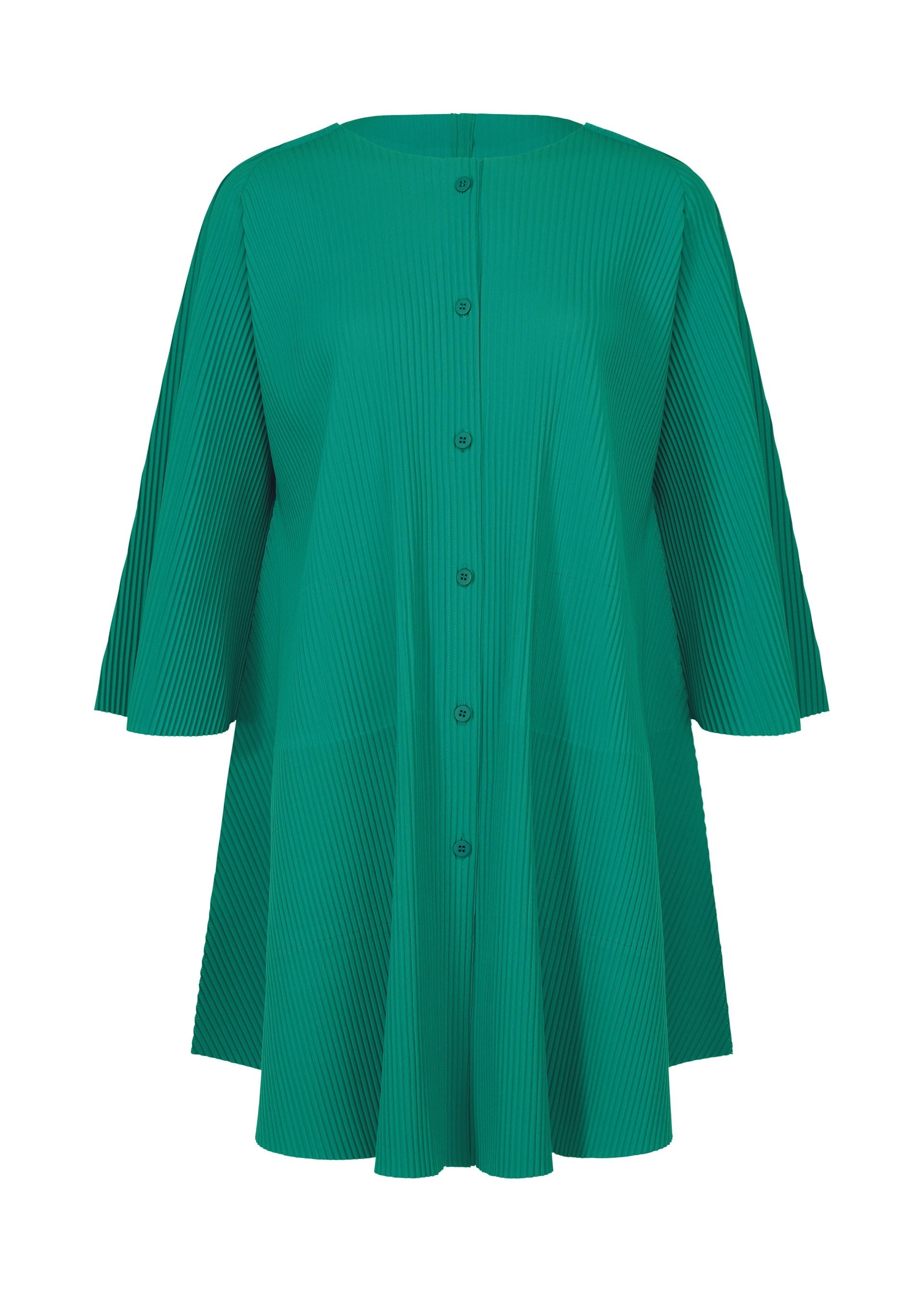 Zoomed view The SWING PLEATS by me ISSEY MIYAKE is a green, knee-length dress with long sleeves, a button-down front, and fine knit pleats for texture, shown against a plain white background. - PEACOCK GREEN （no.64）